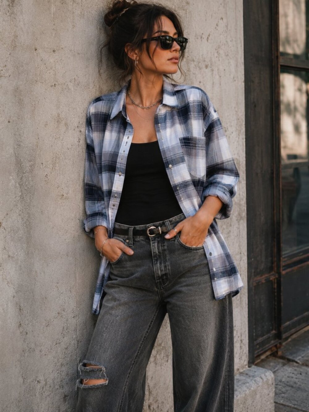 Treasure & Bond Boyfriend Plaid Shirt | Large | Navy Hilda Plaid | Oversized